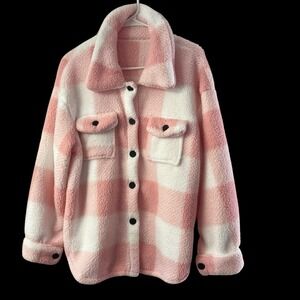Women's Plush Shacket Size Large Pink White Cozy Loungewear Jacket